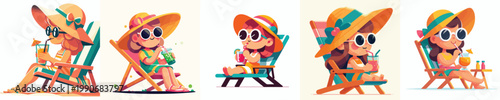 vector of a little girl sitting on a beach chair enjoying ice in summer
