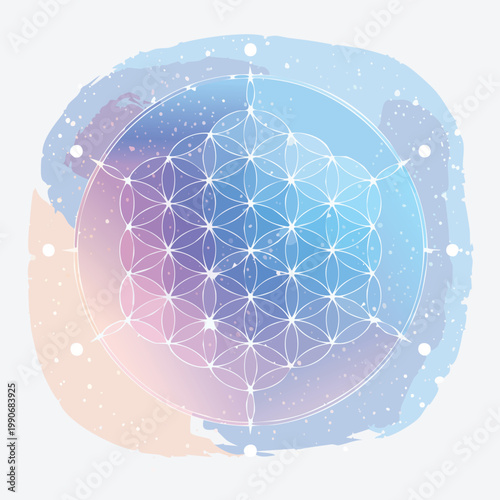 Geometric flower of life illustration with watercolor background