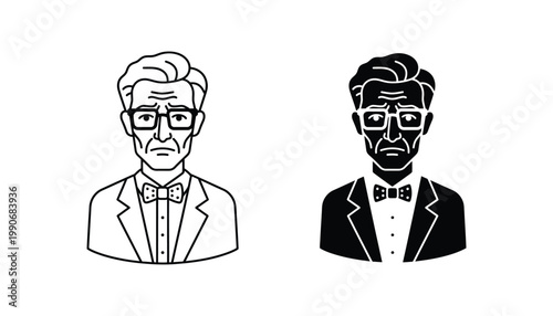 Elderly gentleman wearing tuxedo and bowtie with glasses portrait vector icon set in outline and silhouette styles representing formal vintage style character design isolated on white background