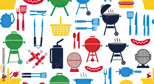 Colorful barbeque icons and utensils scattered across a white background