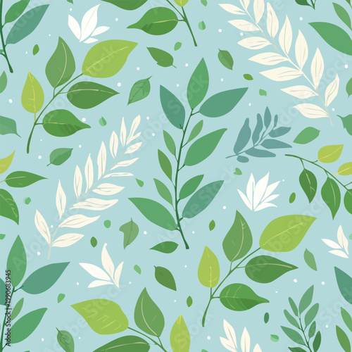 Seamless botanical pattern vibrant green leaves on light blue background
