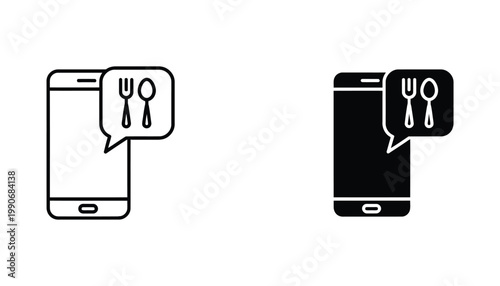 Smartphone with restaurant cutlery icon set representing food delivery and mobile booking apps in linear and solid black glyph design isolated on white background for modern digital interface use
