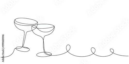 Two champagne coupe glasses drawn with a single continuous black line