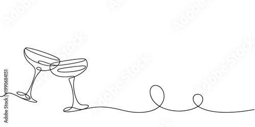 Two champagne coupe glasses clinking minimalist line drawing