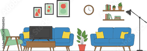 Vector illustration of modern living room interior with sofas, armchair, coffee table, wall art and decor