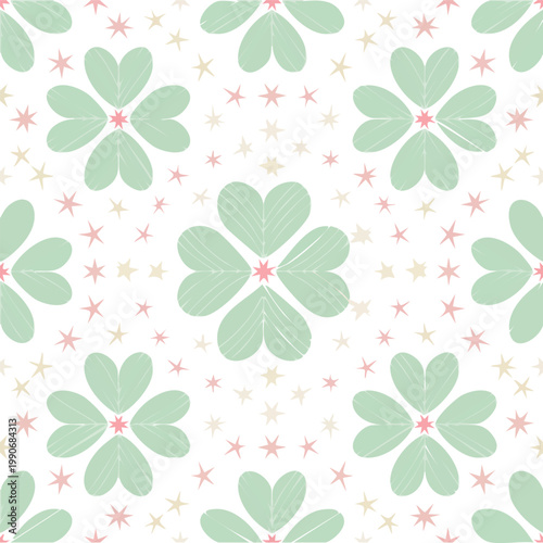 Seamless pattern of green clovers and pink stars on white background