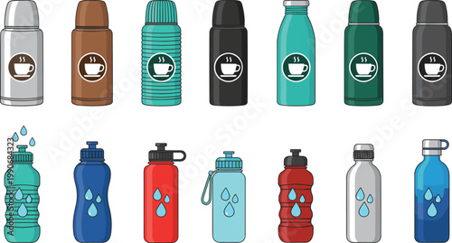 Vector illustration of thermos bottles for hot drinks and water bottles for cold beverages in container design