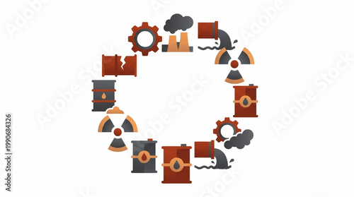 Industrial pollution and environmental hazard circular icons illustration