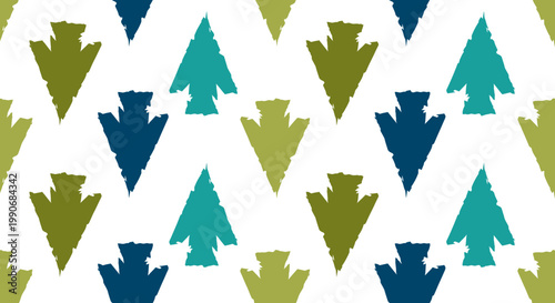 Seamless Pattern of Tribal Arrowheads Vector Illustration Featuring Geometric Boho Style Shapes in Olive Green Teal and Navy Blue for Textile and Wallpaper Design