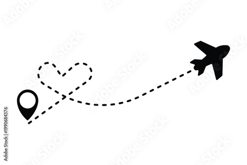 Airplane line path icon of air plane flight route dash line trace with start point. Simple airplane travel line path with map pins. Airplane dashed route path.