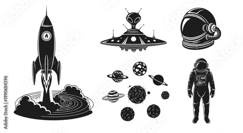 Retro Space Exploration Icons Set Rocket Astronaut UFO Planets.