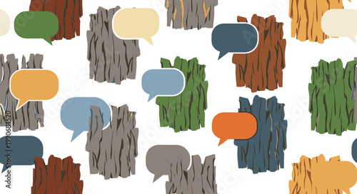 Seamless Pattern of Tree Bark Textures and Speech Bubbles Vector Illustration for Creative Communication Designs and Nature Themed Product Templates