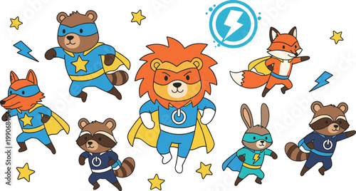Vector illustration of cute animal superheroes including raccoon, fox, lion, rabbit and bear in heroic design