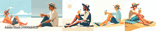 vector of a man sitting on the beach sand enjoying ice in summer