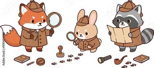 Vector illustration of cute animals as detectives with magnifying glass, notebook, map and mystery items