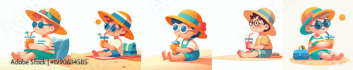 vector of a little boy sitting on the beach sand enjoying ice in summer