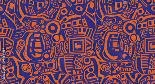 An intricate abstract pattern of orange shapes on a deep blue background