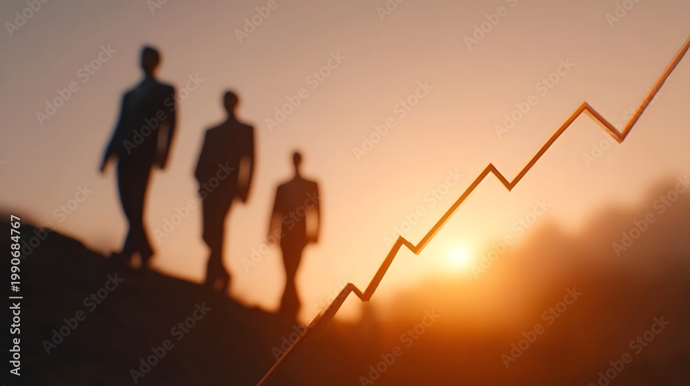 Fototapeta premium Silhouettes of a professional team advancing along a rising graph line against a warm golden sunrise backdrop