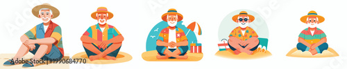 vector of a grandpa sitting on the beach enjoying summer