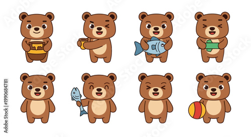 Cute Cartoon Bears with Honey, Fish, and Ball - Vector Illustration Set