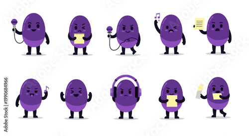 Cute Purple Blob Character Set: Singing, Reading, Worried, Music Lover
