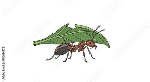 Ant carrying large green leaf home.