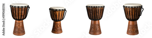 Photos Set of Four Traditional African Djembe Hand Drums with Carved Wooden Bases Isolated on White Background