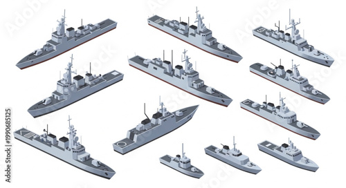 Collection of Modern Warships and Naval Vessels in Fleet Formation.