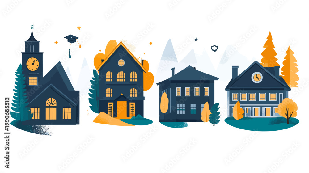 Fototapeta premium A cartoon illustration of four buildings with clock towers, trees, and other decorative elements