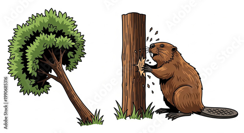 Beaver gnawing on a tree trunk.