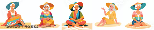 vector of a grandma sitting on the beach enjoying summer