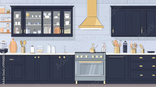 A stylized illustration of a modern kitchen with blue cabinets and various cooking tools