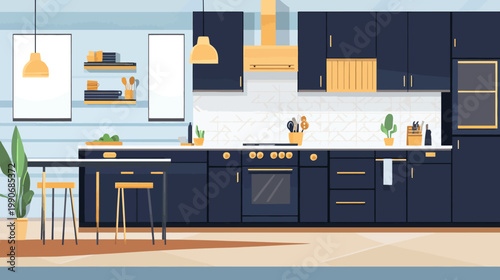 Modern kitchen interior, navy blue cabinets with wooden accents, hanging lights and artwork