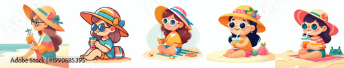 vector of a little girl sitting on the beach sand enjoying ice in summer