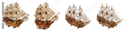 Obraz na płótnie Set of Four Detailed Vintage Wooden Sailing Ships with White Sails Isolated on White Background