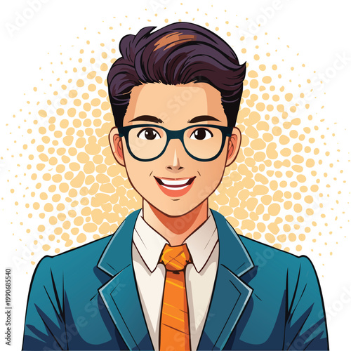 Smiling young man with glasses and suit in vector illustration
