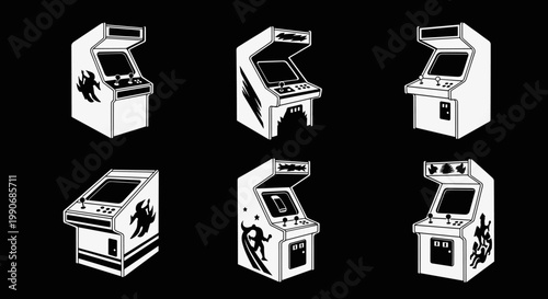 Collection of Vintage Arcade Game Machines in White Outline Style.