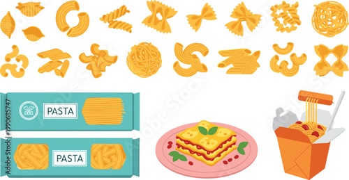 Pasta Types Set with Various Italian Shapes, Packaged Pasta, Lasagna and Takeaway Noodles Vector Illustration for Food Menu, Cooking and Cuisine Design
