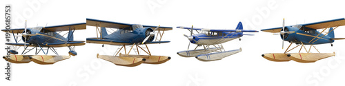 Bild auf Leinwand Set of Four Classic Blue Seaplanes with Floats Isolated on White Background