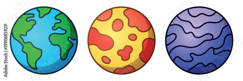 Cartoon Planets Icons Set – Earth, Lava Planet and Gas Giant. Colorful Gradient Planet Icons Set