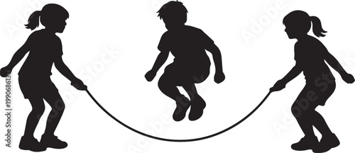three figures skipping rope together, teamwork, rhythm, coordination, outdoor physical activity, childhood fun, fitness silhouette vector