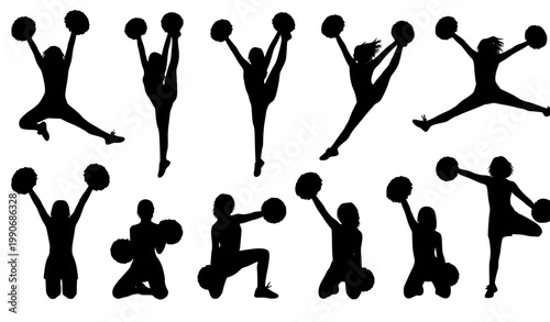 Cheerleader Silhouette Pose Collection with Pom Poms Symmetrical Sports Team Dance Vector Set