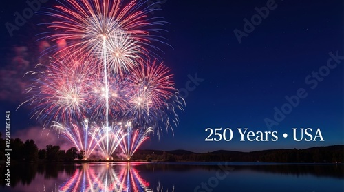 Red white and blue fireworks over lake for 250th anniversary semiquincentennial