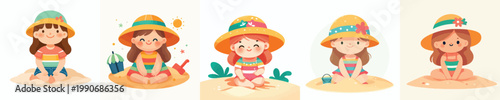 vector of a little girl sitting on the beach enjoying summer