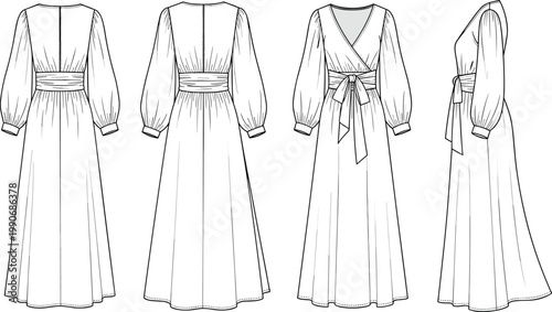 Long sleeve dress sketch, technical fashion illustration, V-neckline garment, puff sleeve apparel, waist tie belt design, flowing skirt drawing