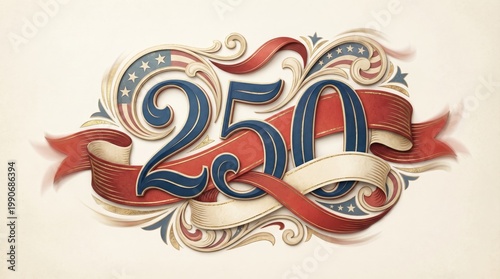 Vintage 250th Anniversary Logo with American Flag Ribbons and Stars