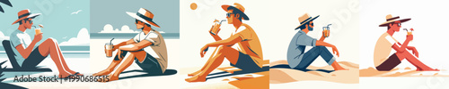 vector of a man sitting on the beach sand enjoying ice in summer