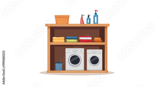Cartoon illustration of a laundry room setup with washing machines, shelves, and cleaning supplies