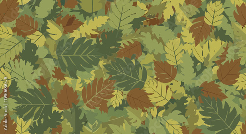 Dense camouflage pattern of assorted leaves in various shades of green and brown