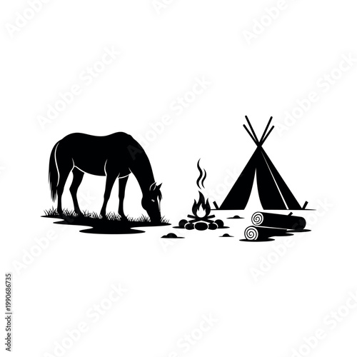 Black silhouette of a horse grazing 1.
